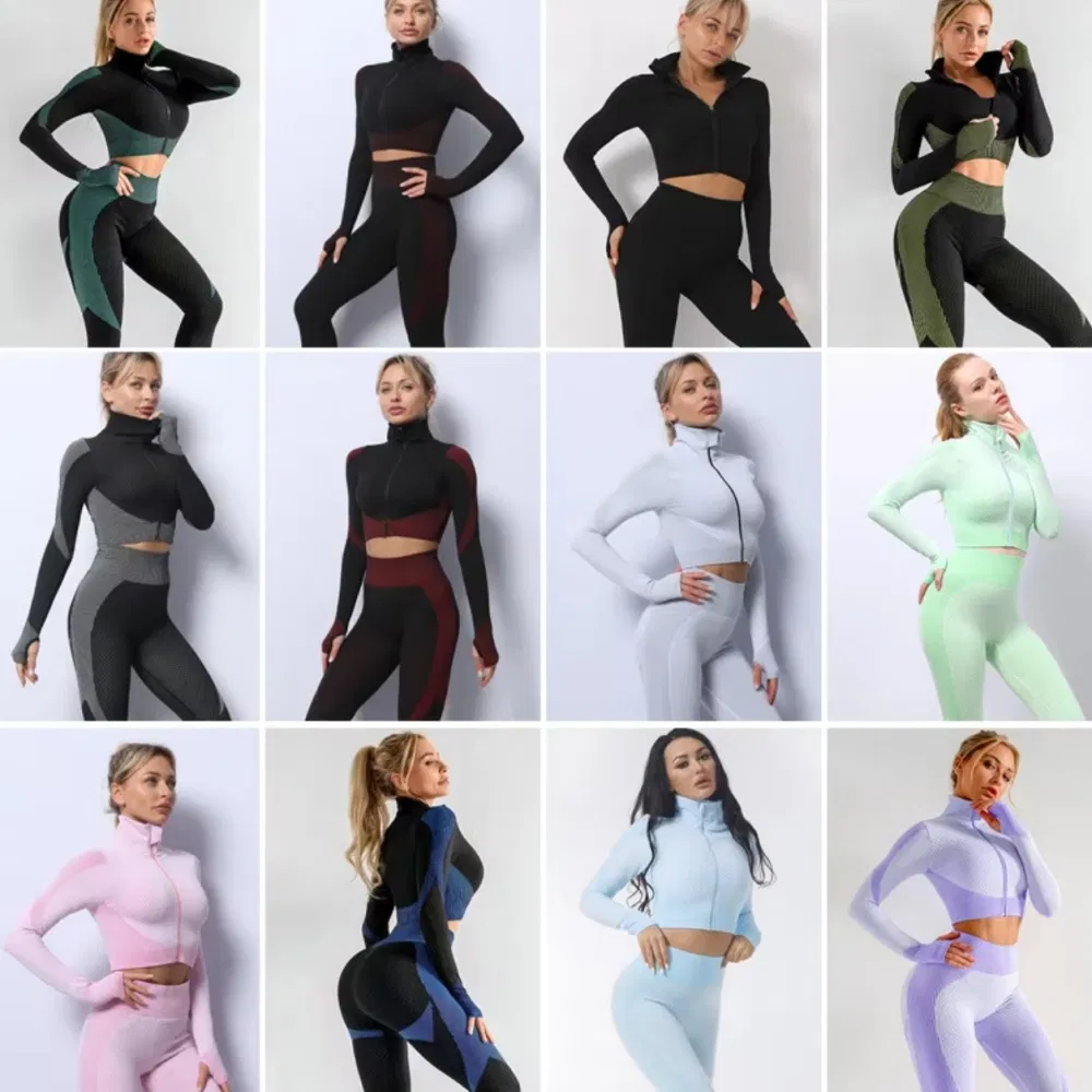 Conjunto de yoga de mujer de talla grande de manga larga OEM/ODM, ropa deportiva, parte superior ajustada y leggings sin costuras de cintura alta 2-Piece ropa deportiva