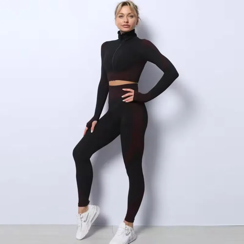 Conjunto de yoga de mujer de talla grande de manga larga OEM/ODM, ropa deportiva, parte superior ajustada y leggings sin costuras de cintura alta 2-Piece ropa deportiva