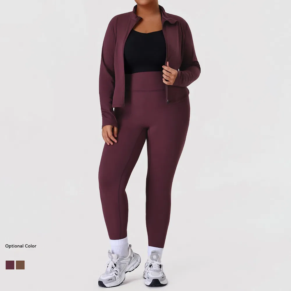 Conjunto de Ropa de Fitness para Mujeres de Talla Grande con Logo de Marca Personalizado 2 Pieza, Leggings de Yoga que Levantan el Trasero con Ajuste Slim y Chaqueta Deportiva con Cremallera, Conjunto de Jogger Premium