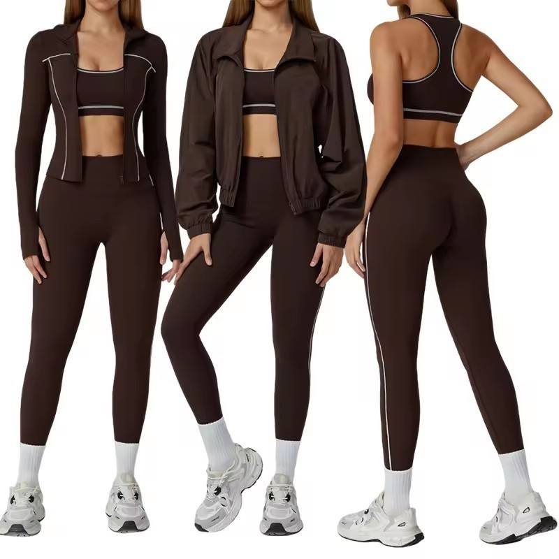 Conjuntos de entrenamiento para mujeres 3 Leggings de cintura alta sin costuras, top corto, chaqueta, ropa de gimnasio, conjunto de yoga, sujetador deportivo, conjuntos de chándal, ropa de yoga, ropa activa, ropa deportiva