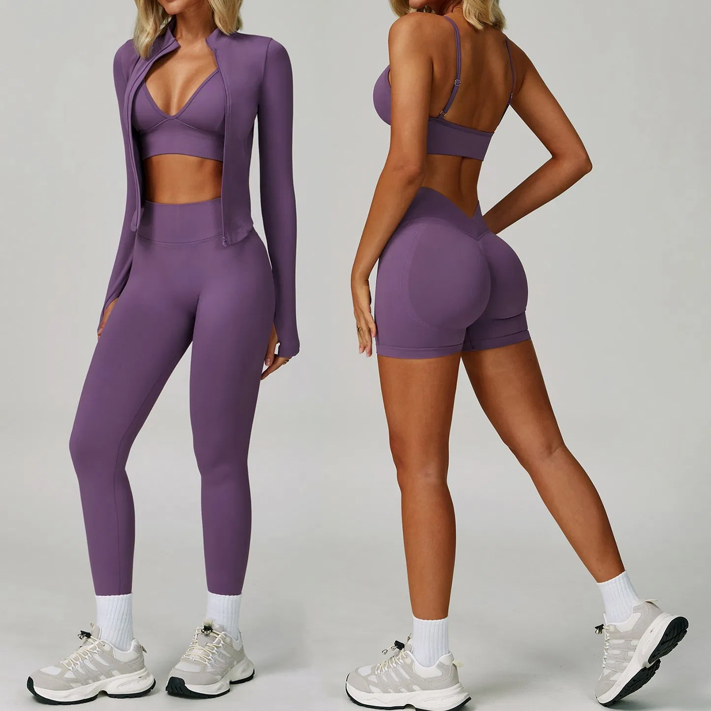 4-Piece Conjunto de Entrenamiento de Secado Rápido y Sin Costuras para Mujeres - Sujetador Deportivo, Chaqueta de Fitness, Pantalones Cortos para Correr, Leggings de Yoga