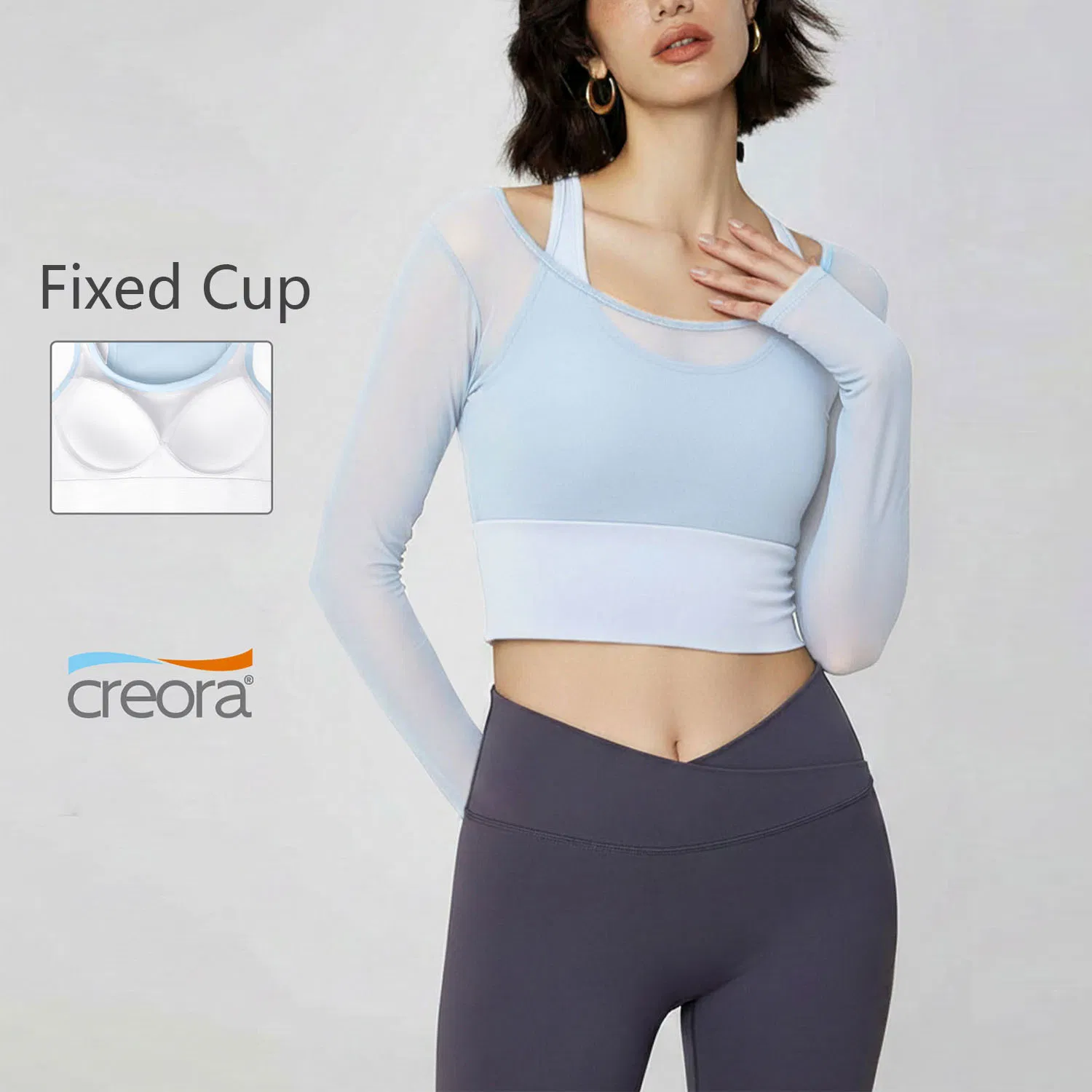 Camisetas deportivas de manga larga ajustadas para mujeres Qumor, con doble capa, sexy, de malla, con parche, tops de yoga cortos, con almohadillas para el sujetador