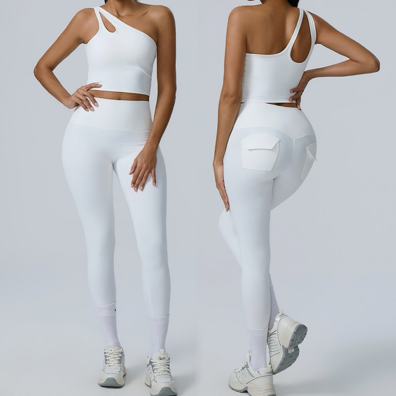 Conjunto de Ropa de Gimnasio de Moda con Top de Un Hombro y Sujetador + Pantalones de Yoga Ajustados con Bolsillos Traseros 2PCS Ropa de Pilates para Fitness Activo para Mujeres