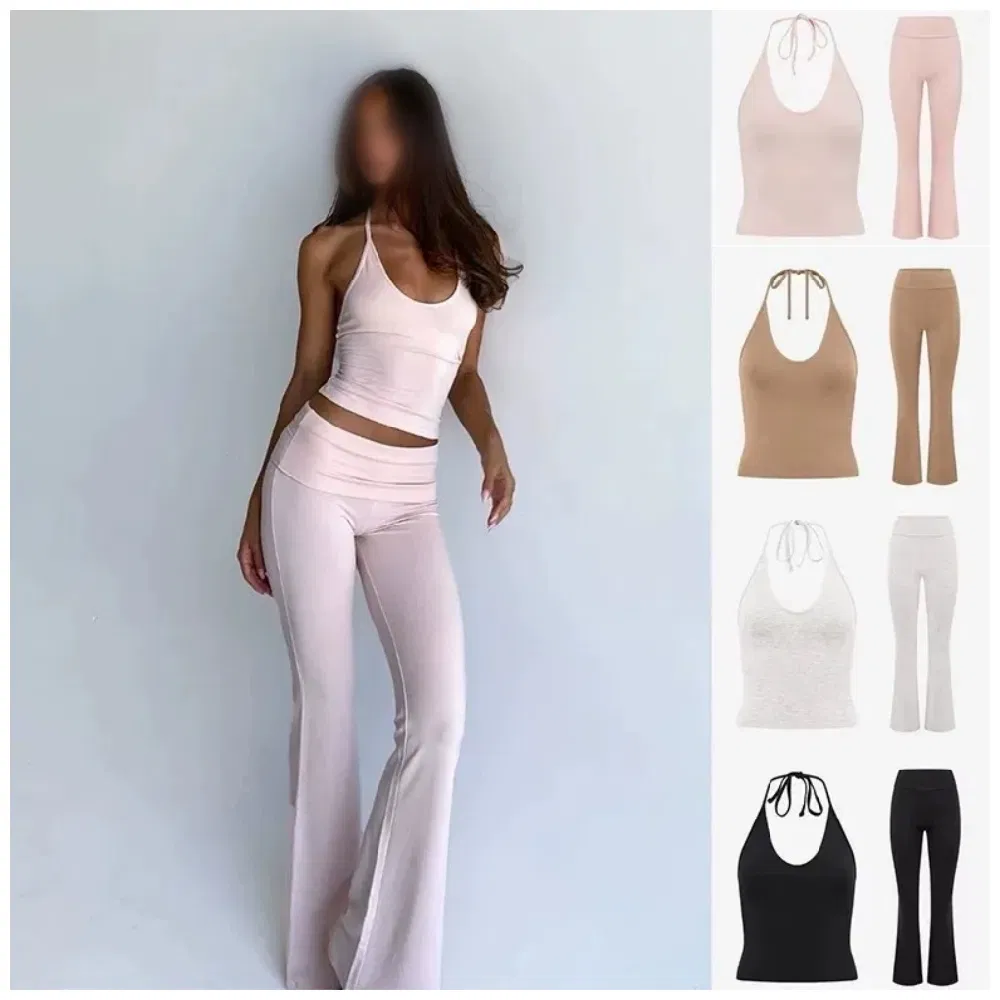 Conjunto de pantalones largos ligeramente acampanados para yoga y pilates de mujer con tirante para el cuello, de secado rápido y transpirable