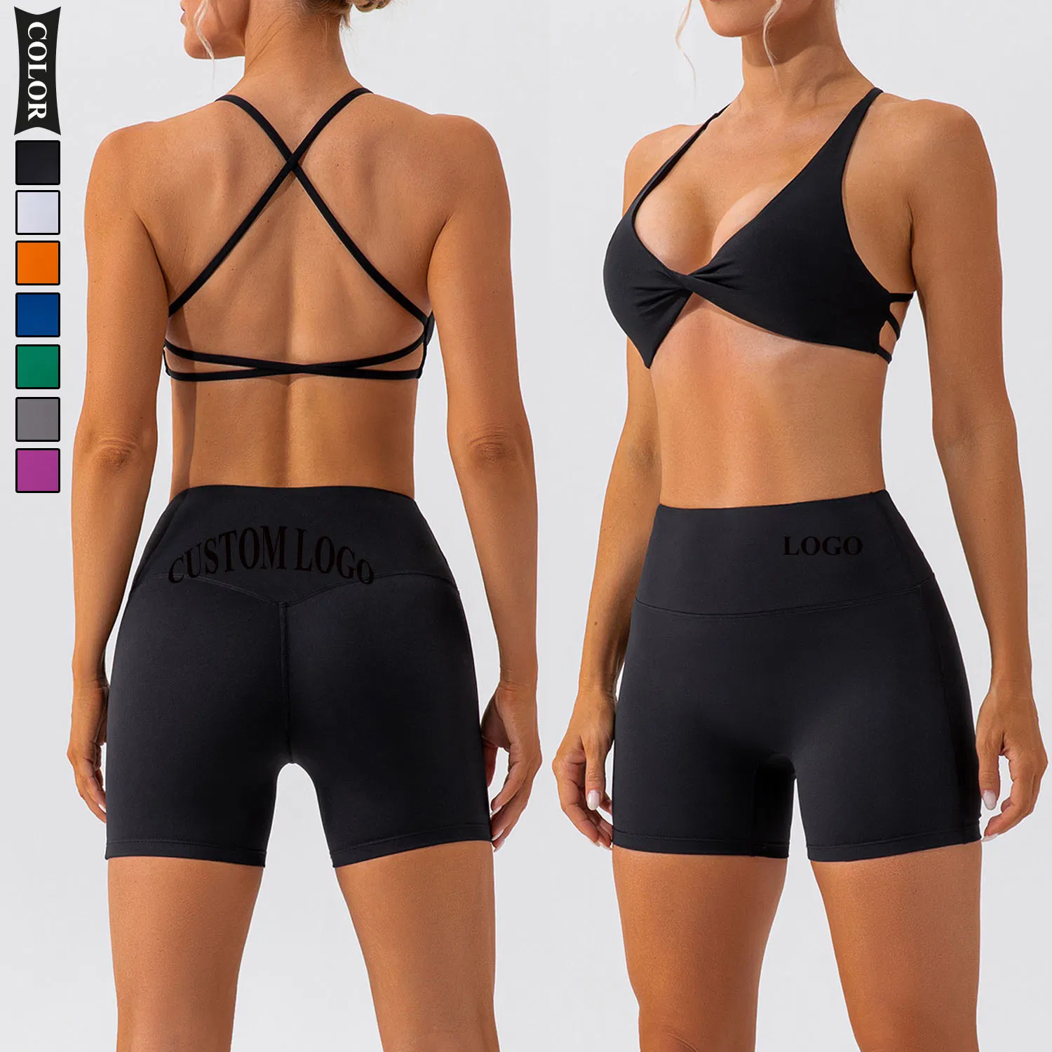 Conjuntos de yoga de nailon, ropa de entrenamiento para mujeres, sujetador cruzado, pantalones cortos de cintura alta, leggings de yoga, ropa de fitness para el gimnasio