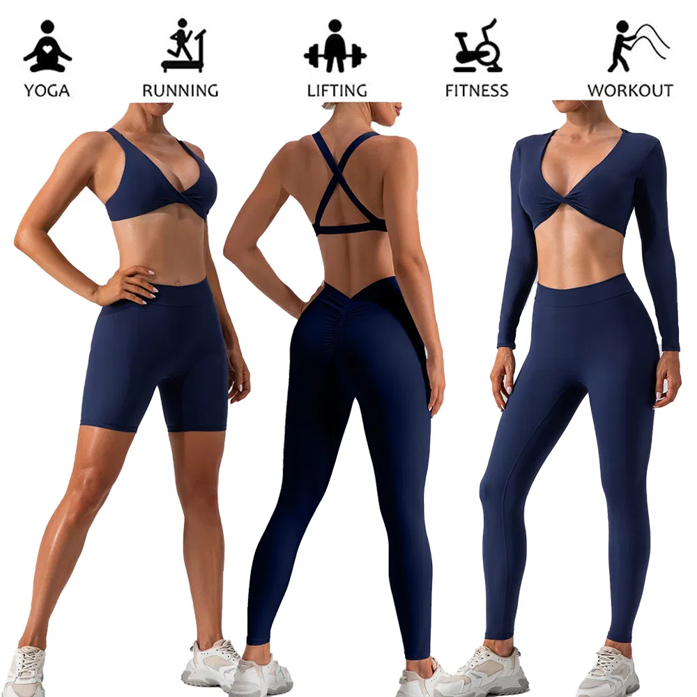Ropa de fitness para mujeres al por mayor 4PCS traje deportivo sexy con escote en V para correr al aire libre, sujetador de yoga con logo personalizado + top corto + pantalones cortos con fruncido en la parte trasera + pantalones
