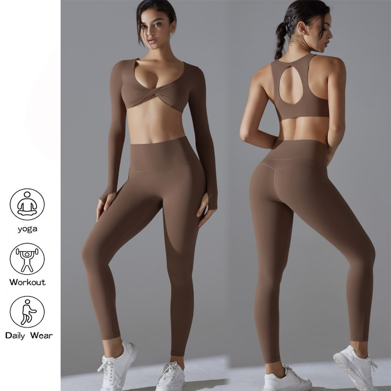 3PCS Ropa de fitness sexy de yoga y pilates para mujeres, sujetador de yoga con realce + top corto de manga larga para el gimnasio + leggings para correr con forro antimicrobiano