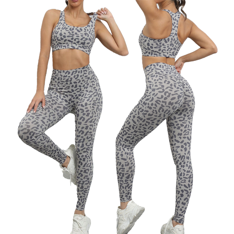 Ropa de gimnasio sexy de leopardo rosa para mujeres, conjunto de bralette de cheetah con push up y leggings de entrenamiento