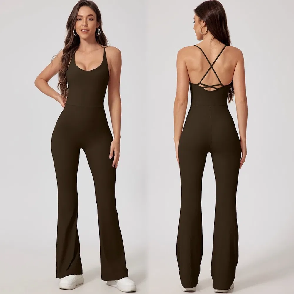 Leotardo de fitness con espalda cruzada y pierna acampanada para mujeres, venta al por mayor de una pieza acanalada con bodysuit de entrenamiento y sujetador, ropa para danza de pole