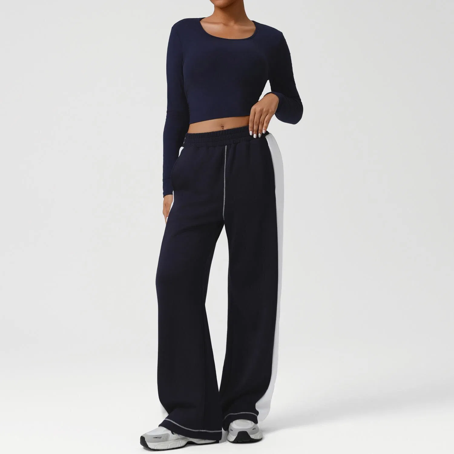 Conjunto de chándal de otoño para mujeres, con bloques y rayas, ropa de yoga para el gimnasio, versátil, ajuste slim, pantalones sueltos, conjunto para deportes al aire libre, running, traje de deportes