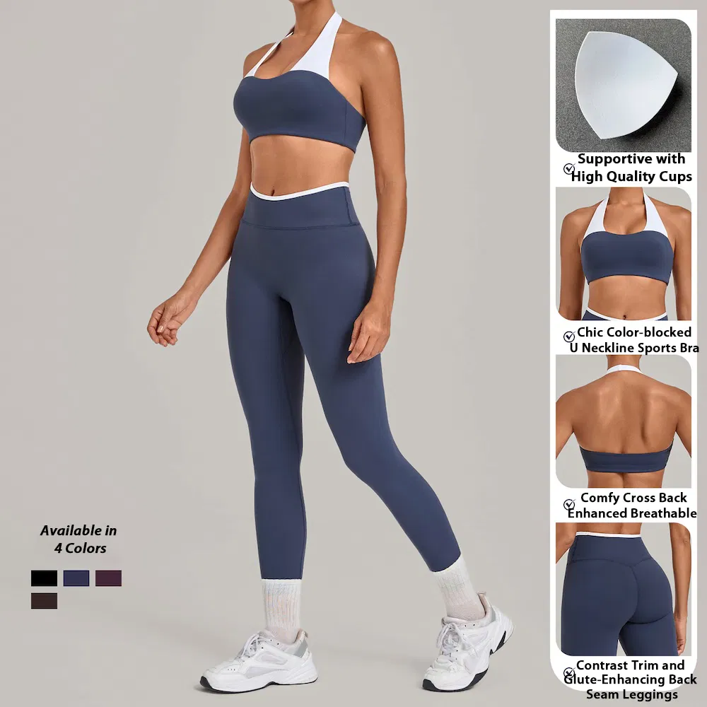 Nuevas Ropa Deportiva Sexy de Canalé para Mujeres, 2 Conjunto de Sudaderas Sin Costuras con Leggings de Cintura Alta + Sujetador de Yoga con Escote en V para Pilates