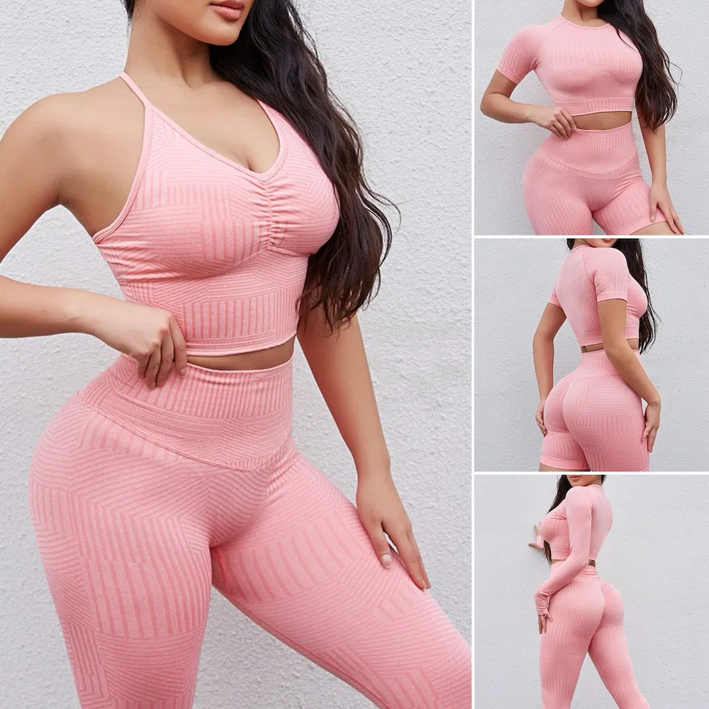Nueva Lista 5PCS Conjunto de Yoga Casual con Patrón Sin Costuras, 2/3/4/5 Pantalones Cortos Leggings + 3 Top de Fitness Diseño Conjunto de Entrenamiento Ropa Deportiva para Adolescentes
