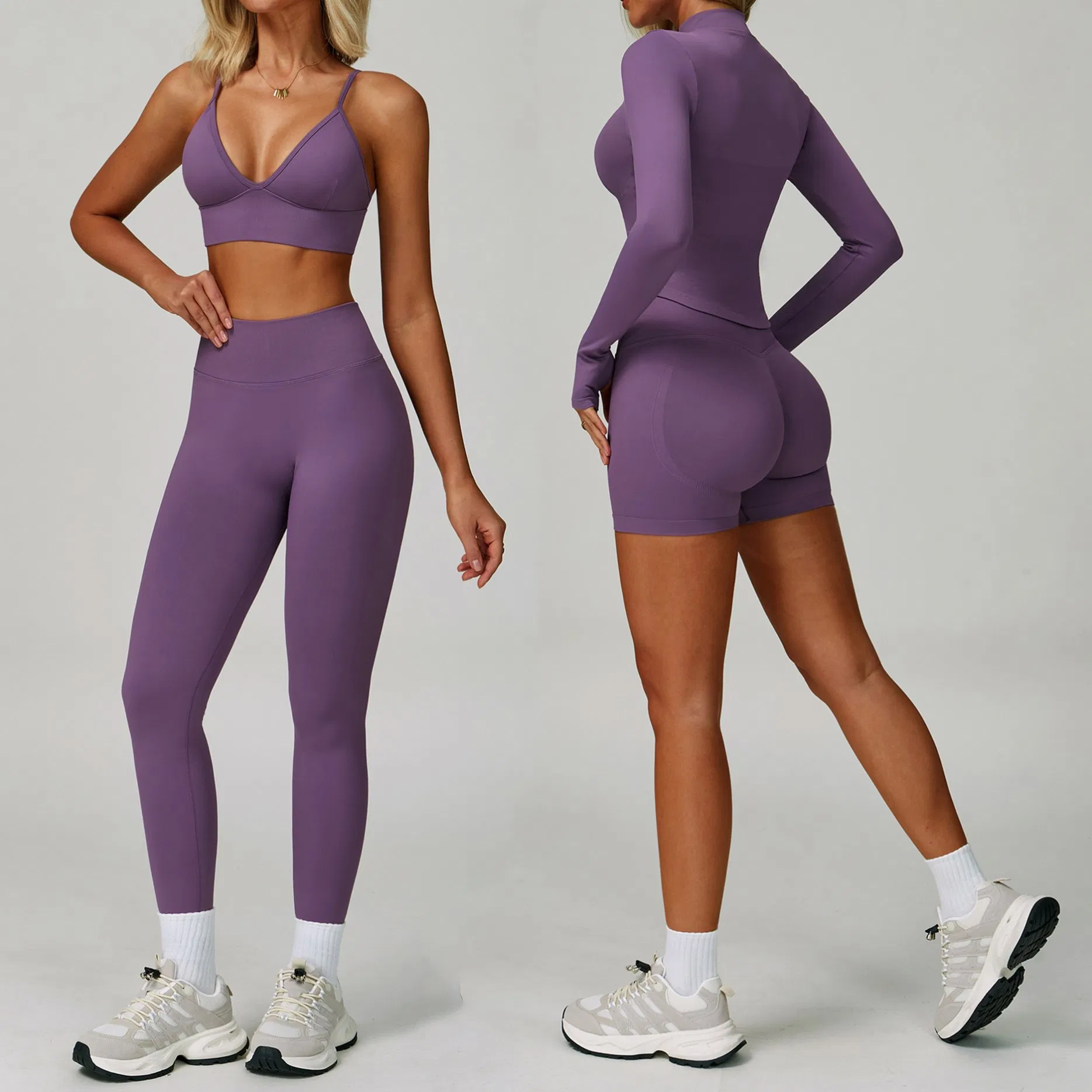 4-Piece Conjunto de Entrenamiento de Secado Rápido y Sin Costuras para Mujeres - Sujetador Deportivo, Chaqueta de Fitness, Pantalones Cortos para Correr, Leggings de Yoga