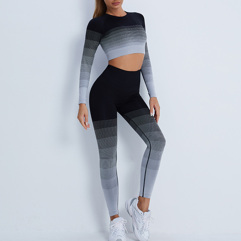 Conjunto de Yoga Sin Costuras para Mujeres; Parte Superior de Yoga de Manga Larga con Gradiente y Pantalones de Fitness que Levantan la Cadera, Conjunto de Dos Piezas de Ropa Deportiva