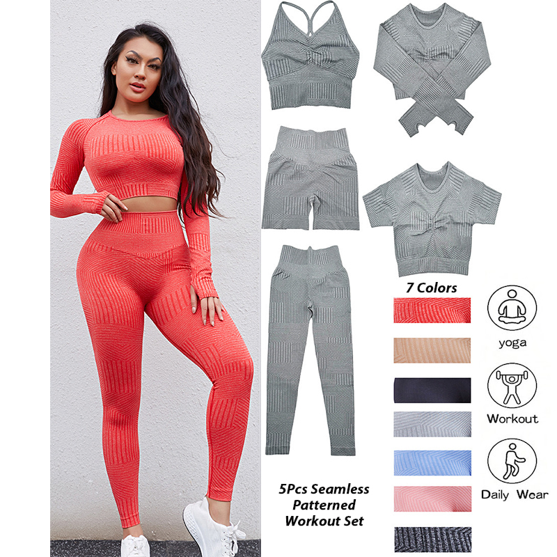 Nueva Lista 5PCS Conjunto de Yoga Casual con Patrón Sin Costuras, 2/3/4/5 Pantalones Cortos Leggings + 3 Top de Fitness Diseño Conjunto de Entrenamiento Ropa Deportiva para Adolescentes