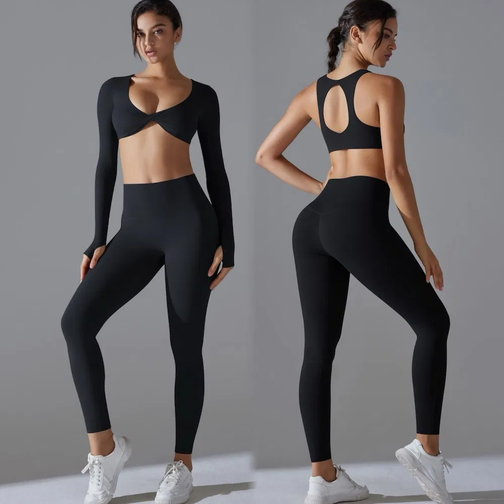 3PCS Ropa de fitness sexy de yoga y pilates para mujeres, sujetador de yoga con realce + top corto de manga larga para el gimnasio + leggings para correr con forro antimicrobiano