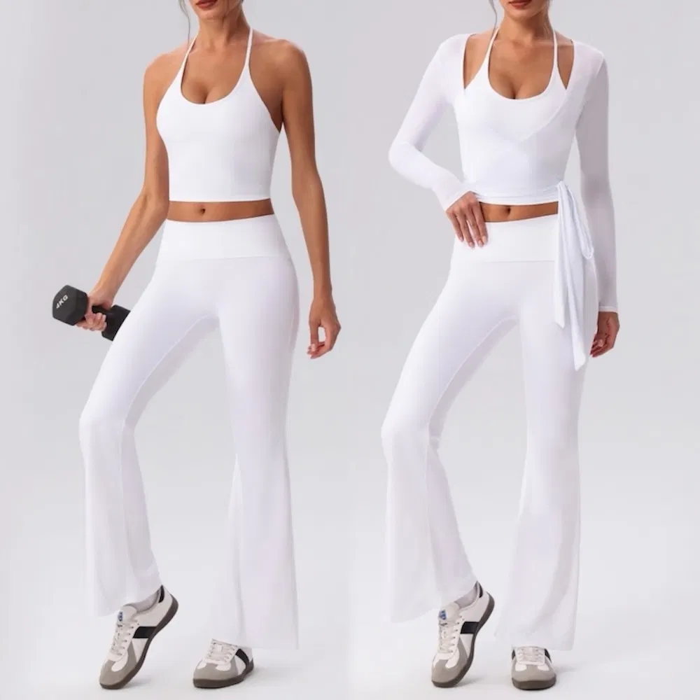 Ropa de Fitness y Pilates para Mujeres Más Vendida en Amazon 3PCS, Camisetas Deportivas de Manga Larga + Tops de Cami con Cordones y Sujetador + Pantalones de Yoga Acampanados