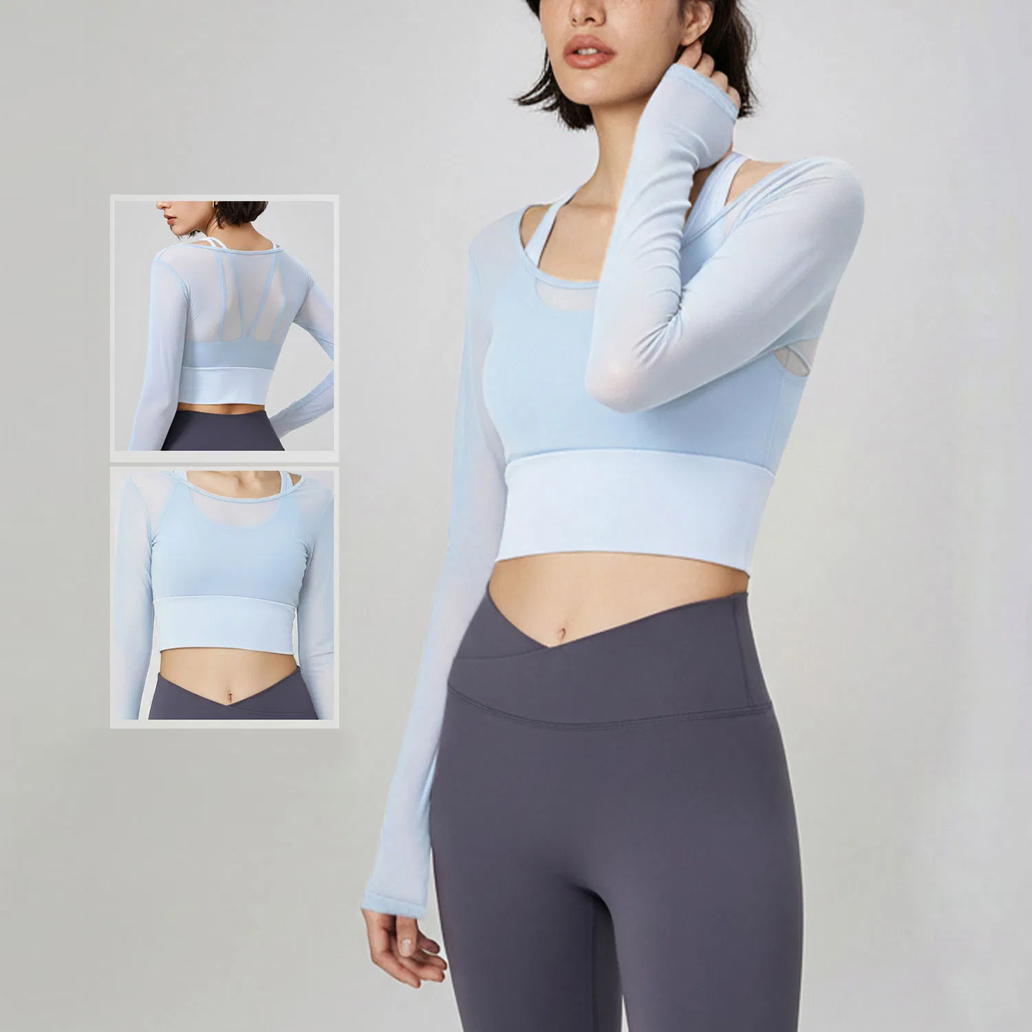 Camisetas deportivas de manga larga ajustadas para mujeres Qumor, con doble capa, sexy, de malla, con parche, tops de yoga cortos, con almohadillas para el sujetador