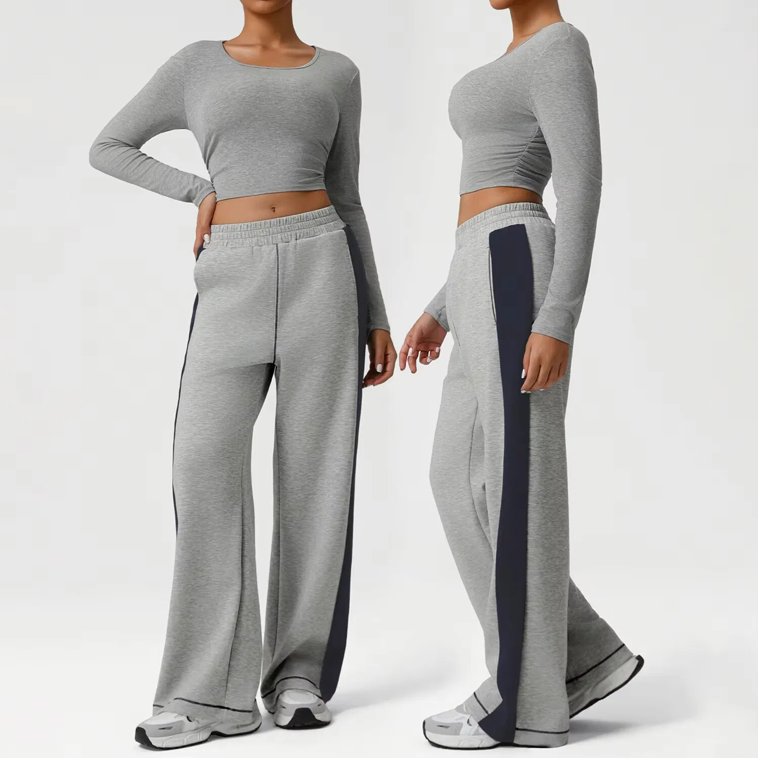 Conjunto de chándal de otoño para mujeres, con bloques y rayas, ropa de yoga para el gimnasio, versátil, ajuste slim, pantalones sueltos, conjunto para deportes al aire libre, running, traje de deportes