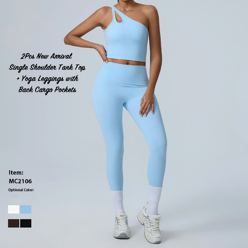 Conjunto de Ropa de Gimnasio de Moda con Top de Un Hombro y Sujetador + Pantalones de Yoga Ajustados con Bolsillos Traseros 2PCS Ropa de Pilates para Fitness Activo para Mujeres