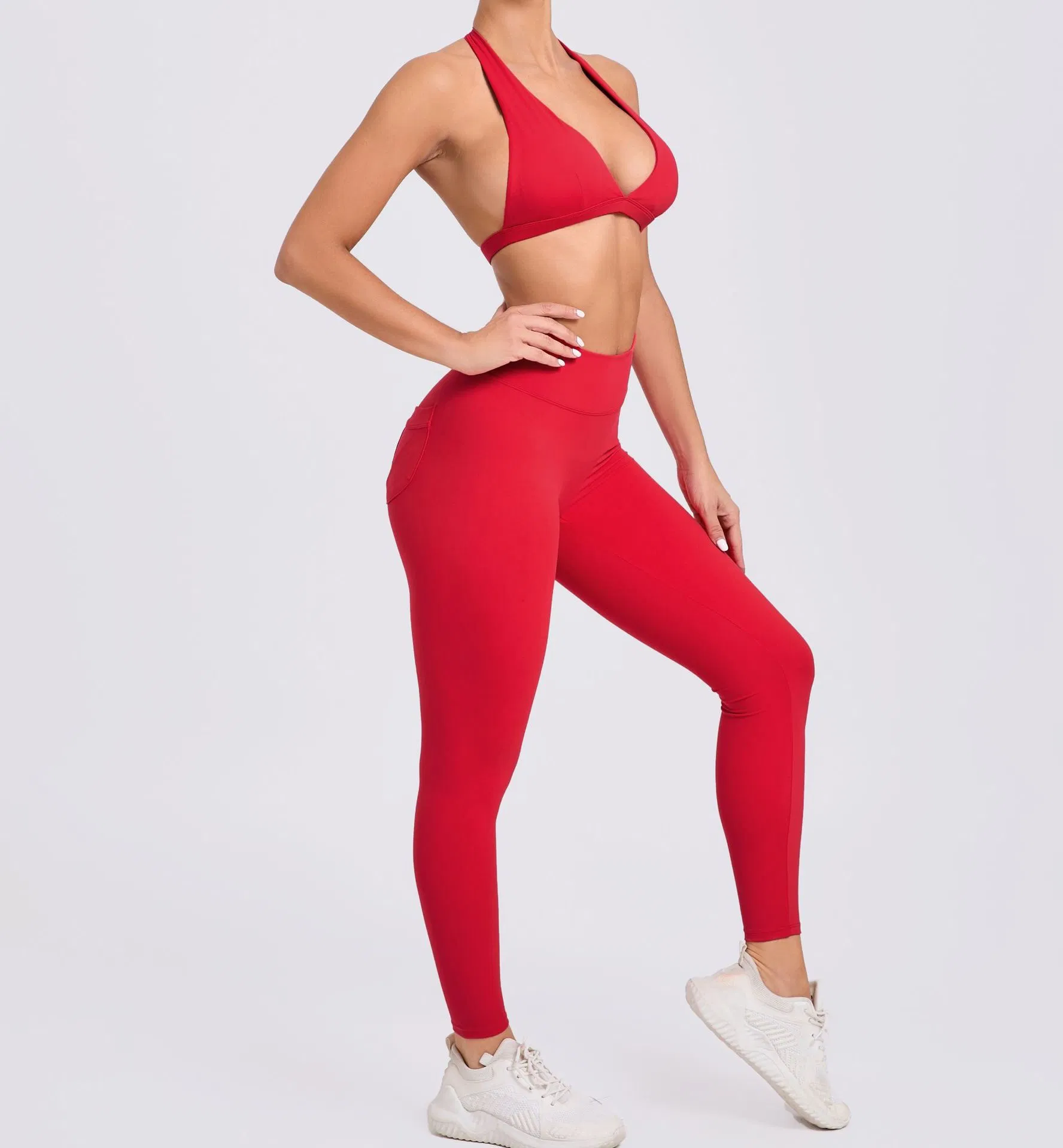 Nuevas Tendencias 2PCS Conjuntos de Ropa de Gimnasio Brasileña para Mujer, Sujetador Deportivo con Cuello Halter y Bolsillos en la Espalda, Leggings para Correr, Traje de Yoga
