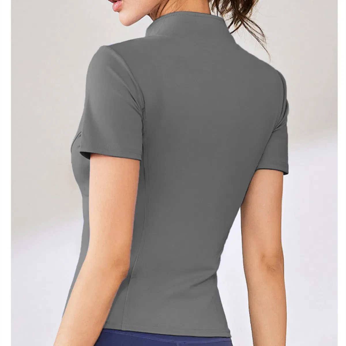 Chaqueta deportiva sin costuras de manga corta ajustada con cuello, con cremallera y alta sujeción, transpirable, para yoga y gimnasio, sin huecos