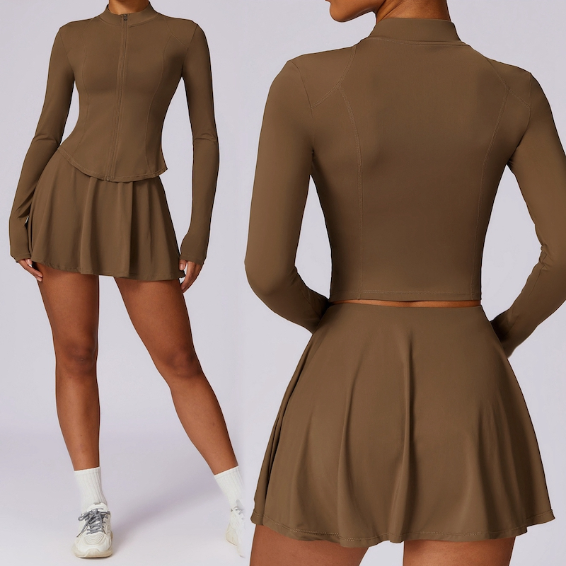 Nueva chaqueta deportiva de verano de ajuste ceñido UPF 50+ de manga larga con cremallera + falda atlética para mujeres, 2PCS conjunto de ropa activa para tenis y golf al aire libre con protección solar UV