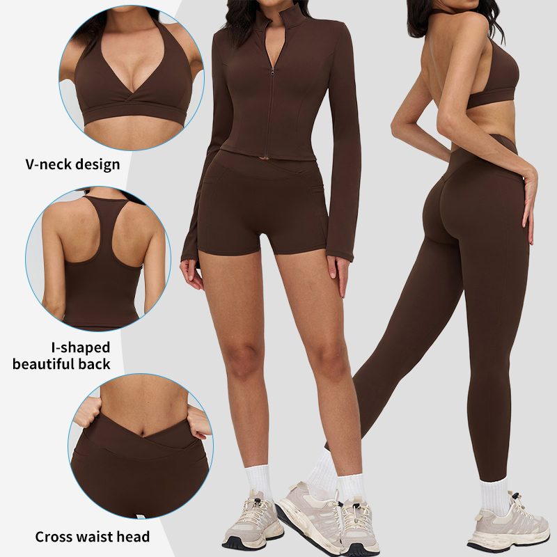 Traje de yoga con cuello alto y cremallera, traje casual para exteriores, traje de running y ropa deportiva para fitness