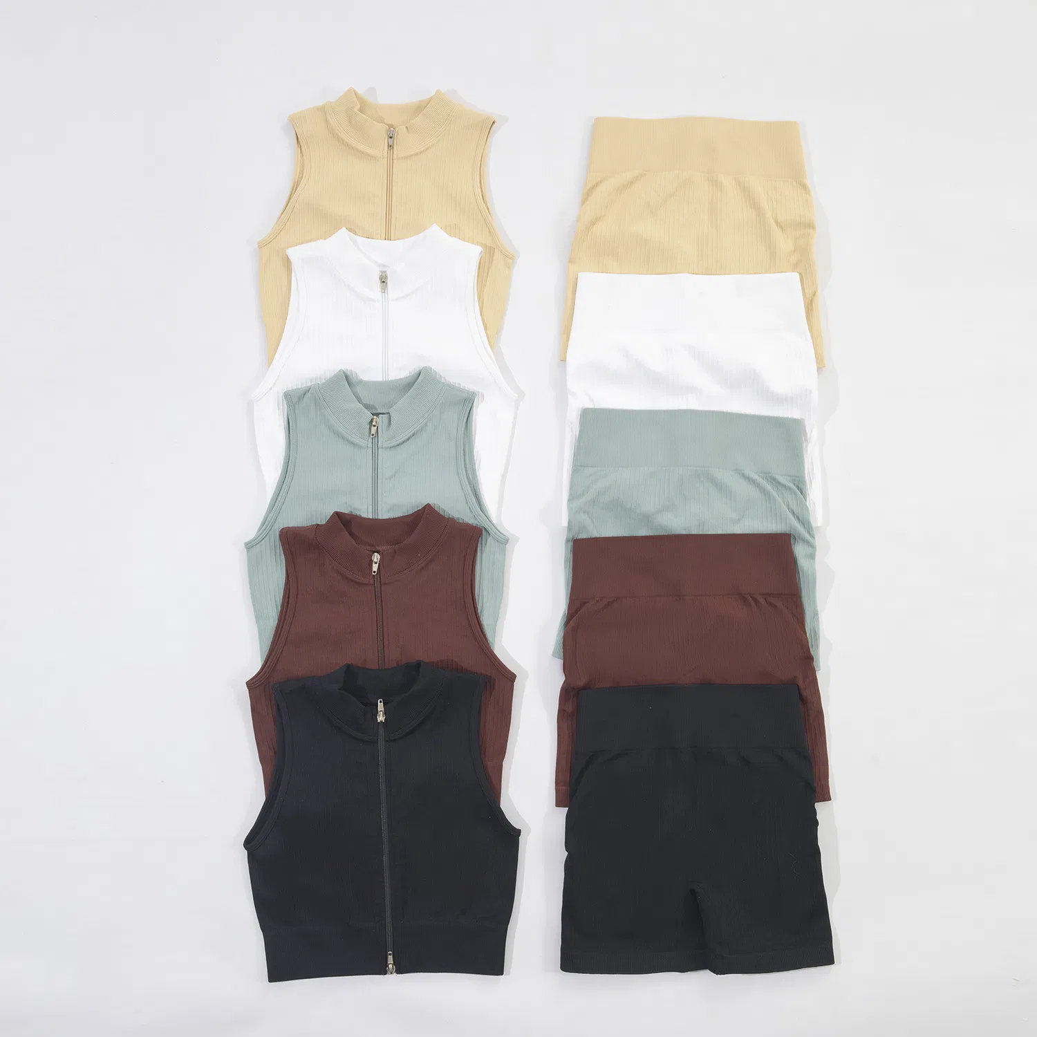 2023 Mujeres 6PCS Traje de Actividad con Cremallera Acanalada Color Natural Ropa de Gimnasio