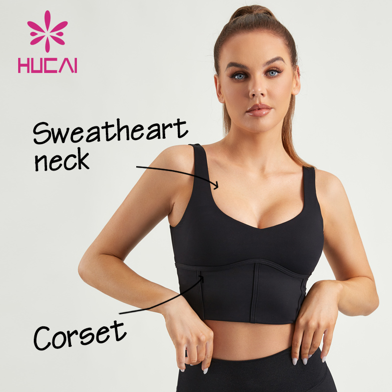 Top de deporte de mujer con escote en forma de corazón negro personalizado Hucai, sujetador tipo corsé de alta sujeción y crop tank