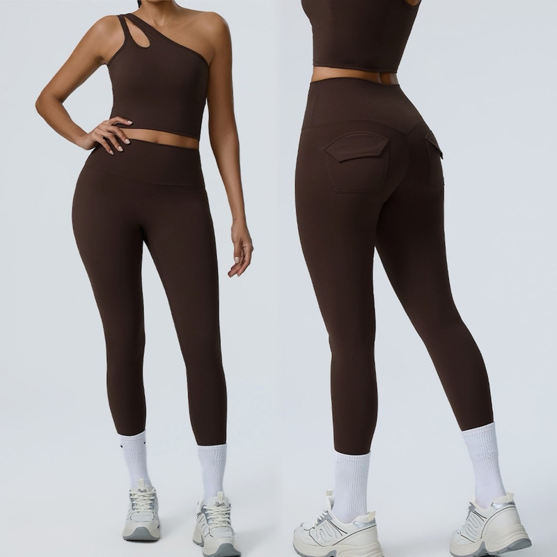 Conjunto de Ropa de Gimnasio de Moda con Top de Un Hombro y Sujetador + Pantalones de Yoga Ajustados con Bolsillos Traseros 2PCS Ropa de Pilates para Fitness Activo para Mujeres