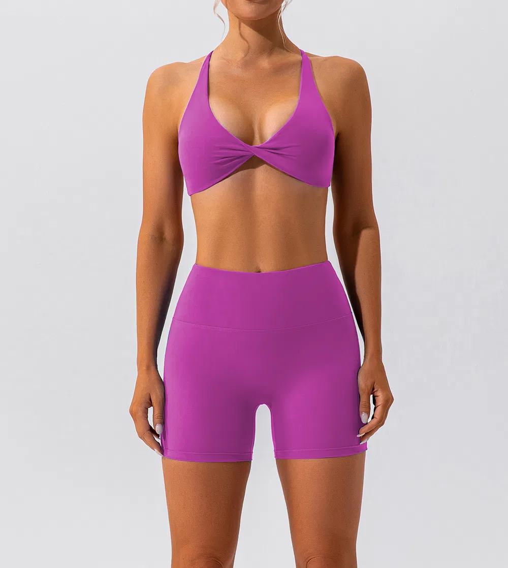 Conjuntos de yoga de nailon, ropa de entrenamiento para mujeres, sujetador cruzado, pantalones cortos de cintura alta, leggings de yoga, ropa de fitness para el gimnasio