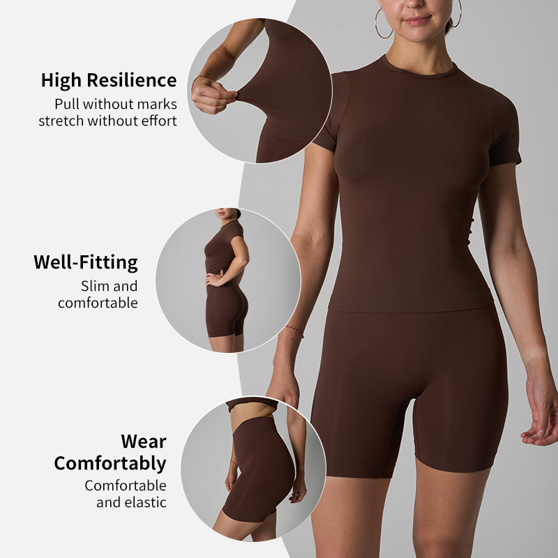 Conjunto de Camisetas y Pantalones Cortos Sin Costuras de Moda al por Mayor - Ropa Deportiva para Mujeres de Manga Corta Sin Costuras para Yoga y Gimnasio