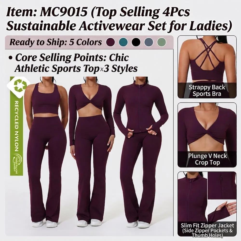 Conjunto de Ropa Activa Sostenible Caliente 4PCS Ropa de Gimnasio para Mujeres, Ropa de Entrenamiento Reciclada, Ropa de Pilates, Top de Tirantes, Chaqueta + Pantalones, Ropa Atlética Femenina