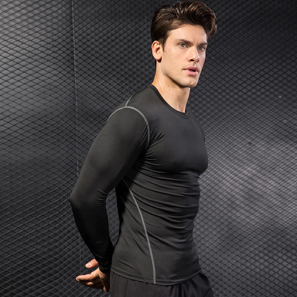 Camisa de entrenamiento ajustada para hombres de fábrica al por mayor, deportiva, para fitness, running, que absorbe el sudor y se seca rápidamente, de manga larga
