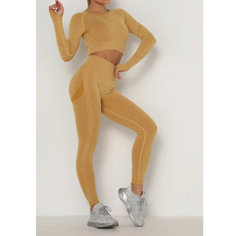 Ropa deportiva de yoga transpirable y sin costuras para mujeres, de secado rápido, conjunto de dos piezas con mangas largas de color puro