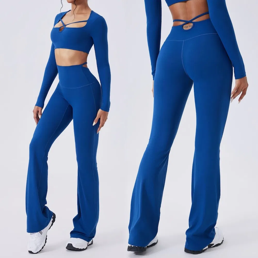 Conjunto de ropa activa elegante y sexy de Tianchen Wholesale 2, top de entrenamiento corto de manga larga + leggings acampanados, ropa de fitness para yoga y pilates para mujer