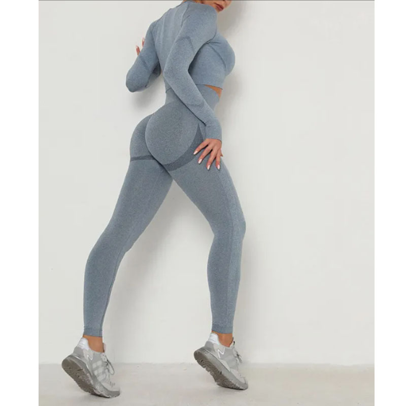 Ropa deportiva de yoga transpirable y sin costuras para mujeres, de secado rápido, conjunto de dos piezas con mangas largas de color puro