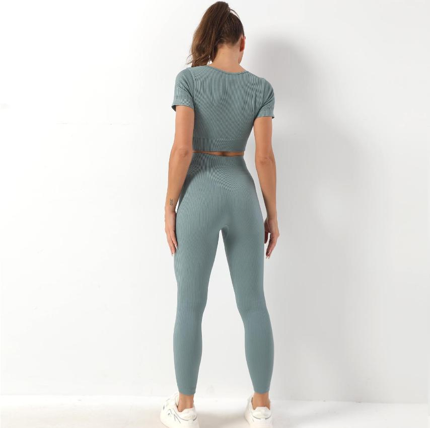 Mujeres 2PCS Ropa Deportiva Conjuntos de Chándal para Damas Atuendos de Entrenamiento Ropa de Gimnasio Ropa Deportiva Conjuntos de Sudadera Leggings de Entrenamiento Pantalones Deportivos Top Corto de Mangas Ropa Atlética