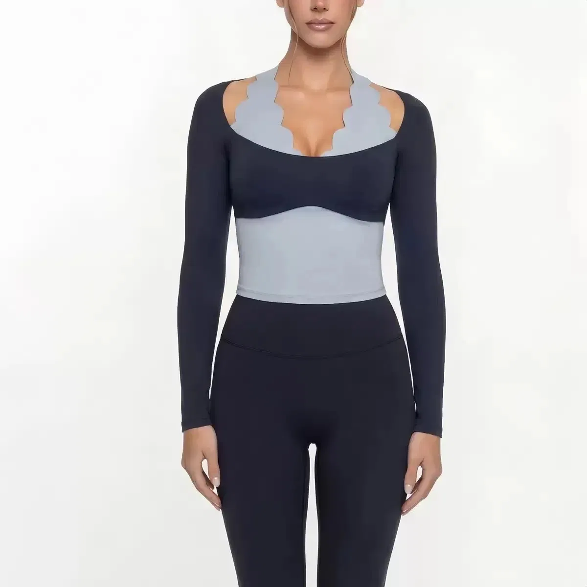 Ropa de yoga activa, camiseta de manga larga de moda con encaje, alta elasticidad, ropa de fitness ajustada, top de pilates, ropa deportiva, ajuste slim, ropa de gimnasio