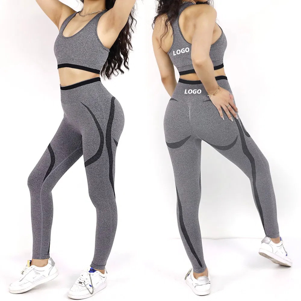 Ropa de fitness para mujeres, conjuntos a juego de pantalones de yoga con contorno y sujetador deportivo de espalda nadadora, ropa activa sin costuras de pilates en venta caliente de Amazon