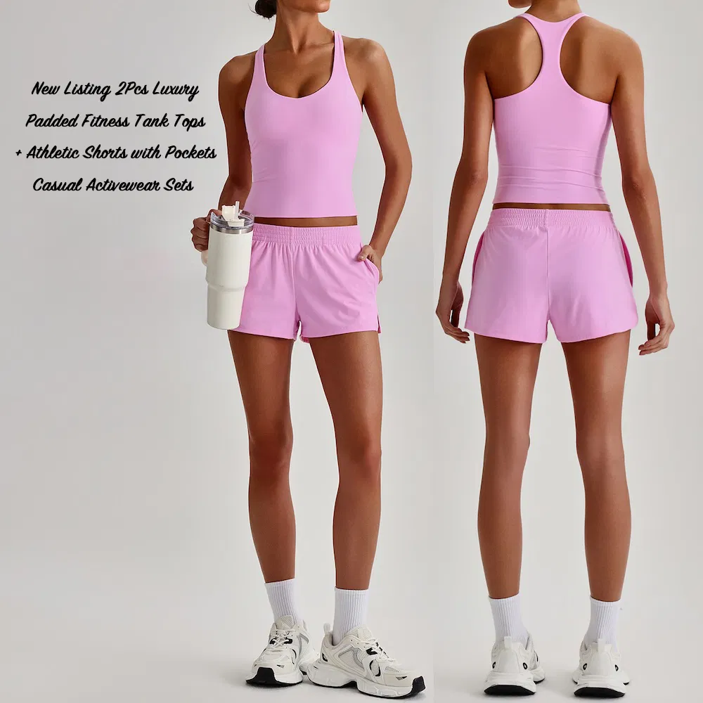 Selección Popular 2 PCS Ropa de Pilates de Más Alta Calidad, Bonito Ropa Deportiva de Pickleball para Mujer, Sujetador de Yoga con Escote de Diamante + Pantalones Cortos de Ejercicio con Bolsillo, Ropa Atlética