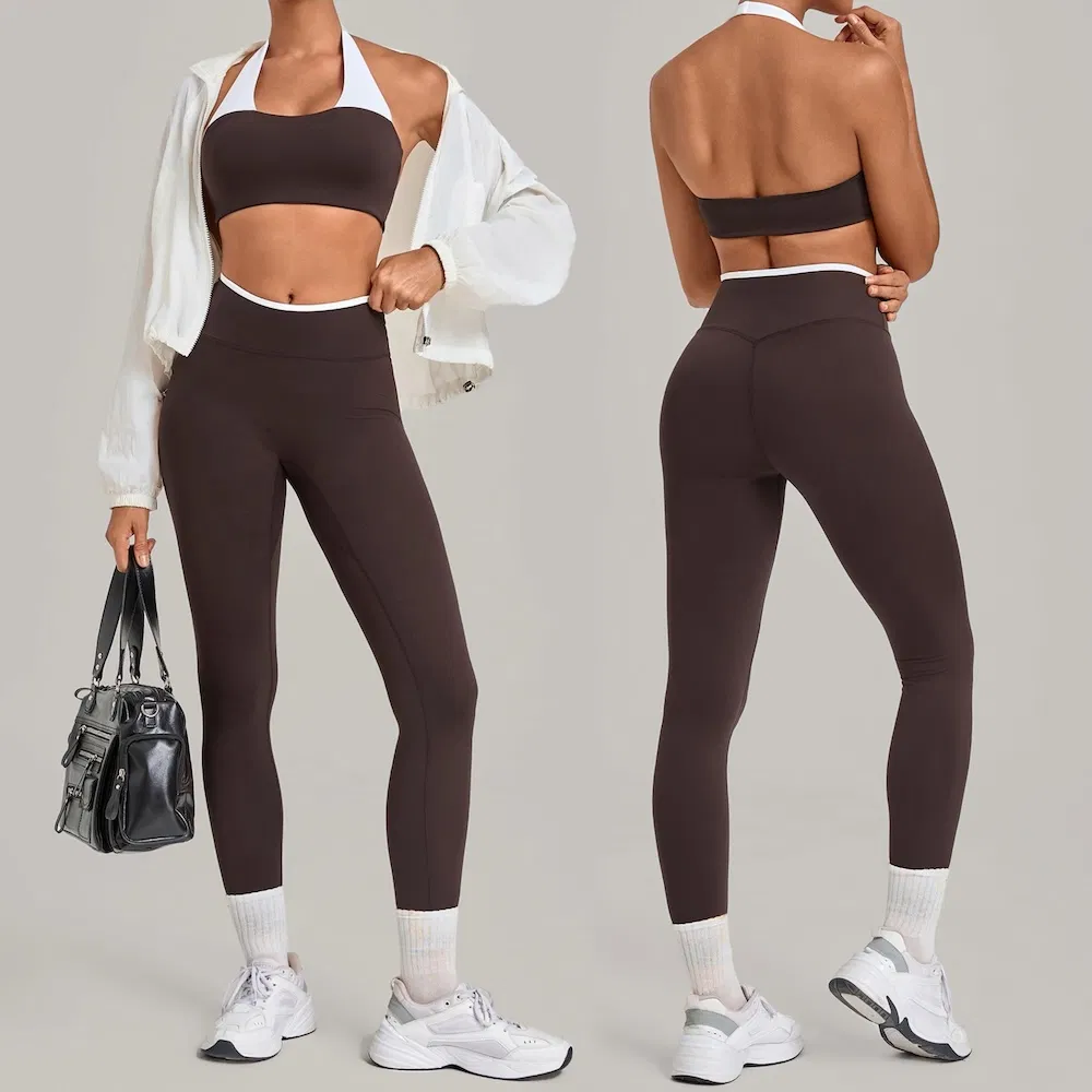 Nuevas Ropa Deportiva Sexy de Canalé para Mujeres, 2 Conjunto de Sudaderas Sin Costuras con Leggings de Cintura Alta + Sujetador de Yoga con Escote en V para Pilates