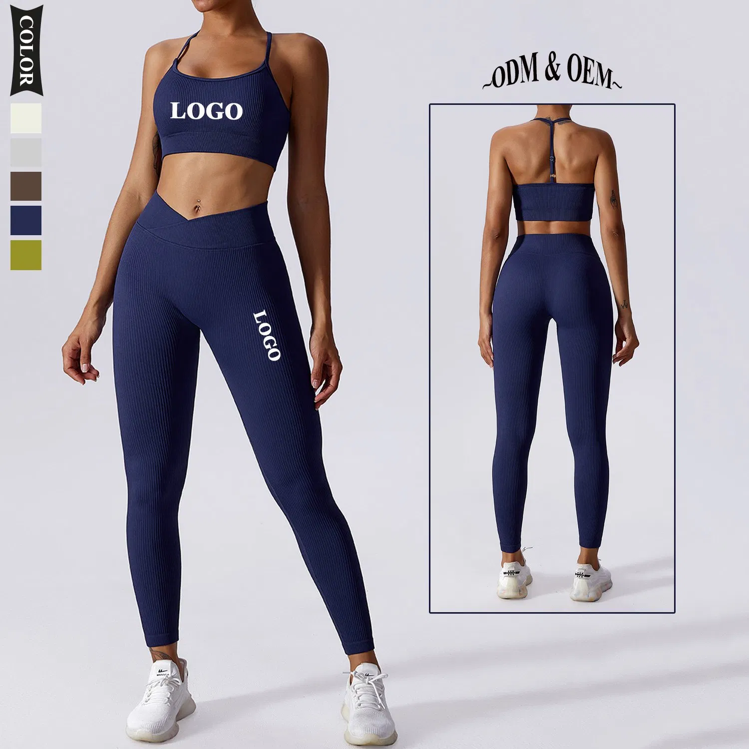 Conjunto de ropa deportiva casual de leggings de cintura alta sin costuras para mujer con corte en V y sujetador deportivo ajustado