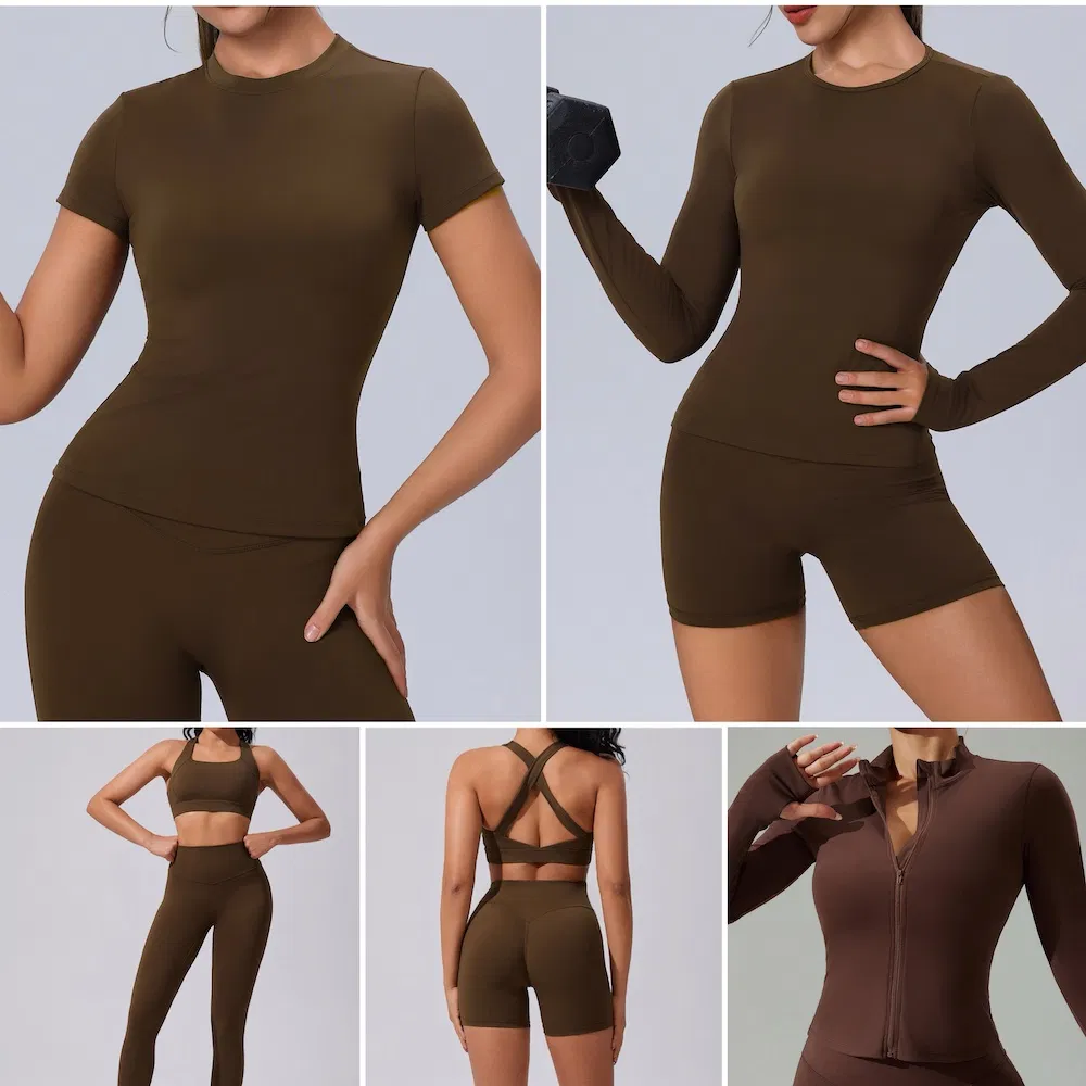 Venta al por mayor 6 PCS Ropa de fitness activa premium para mujeres, camiseta ajustada + sujetador deportivo + pantalones cortos de ciclista + leggings de yoga + chaqueta superior conjunto de entrenamiento