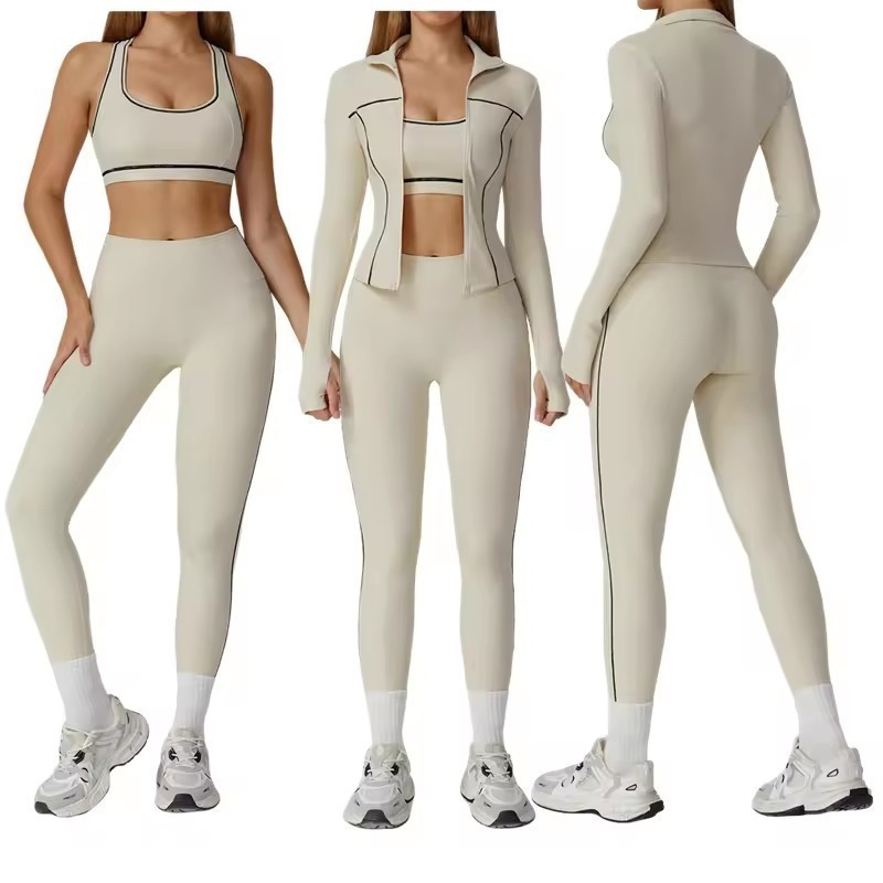 Conjuntos de entrenamiento para mujeres 3 Leggings de cintura alta sin costuras, top corto, chaqueta, ropa de gimnasio, conjunto de yoga, sujetador deportivo, conjuntos de chándal, ropa de yoga, ropa activa, ropa deportiva