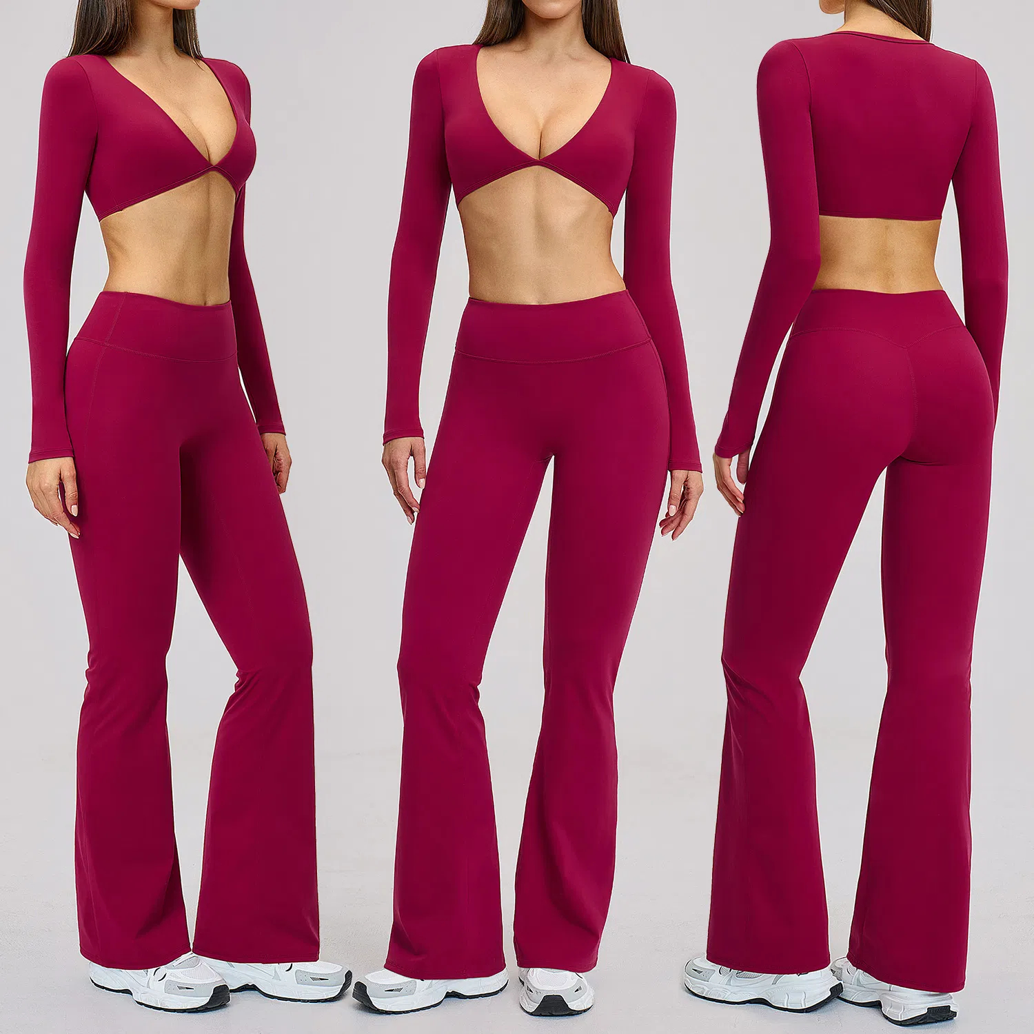 Ropa de yoga de moda sexy con top corto de manga larga y escote en V profundo + conjunto de leggings acampanados de cintura alta para entrenamiento y fitness