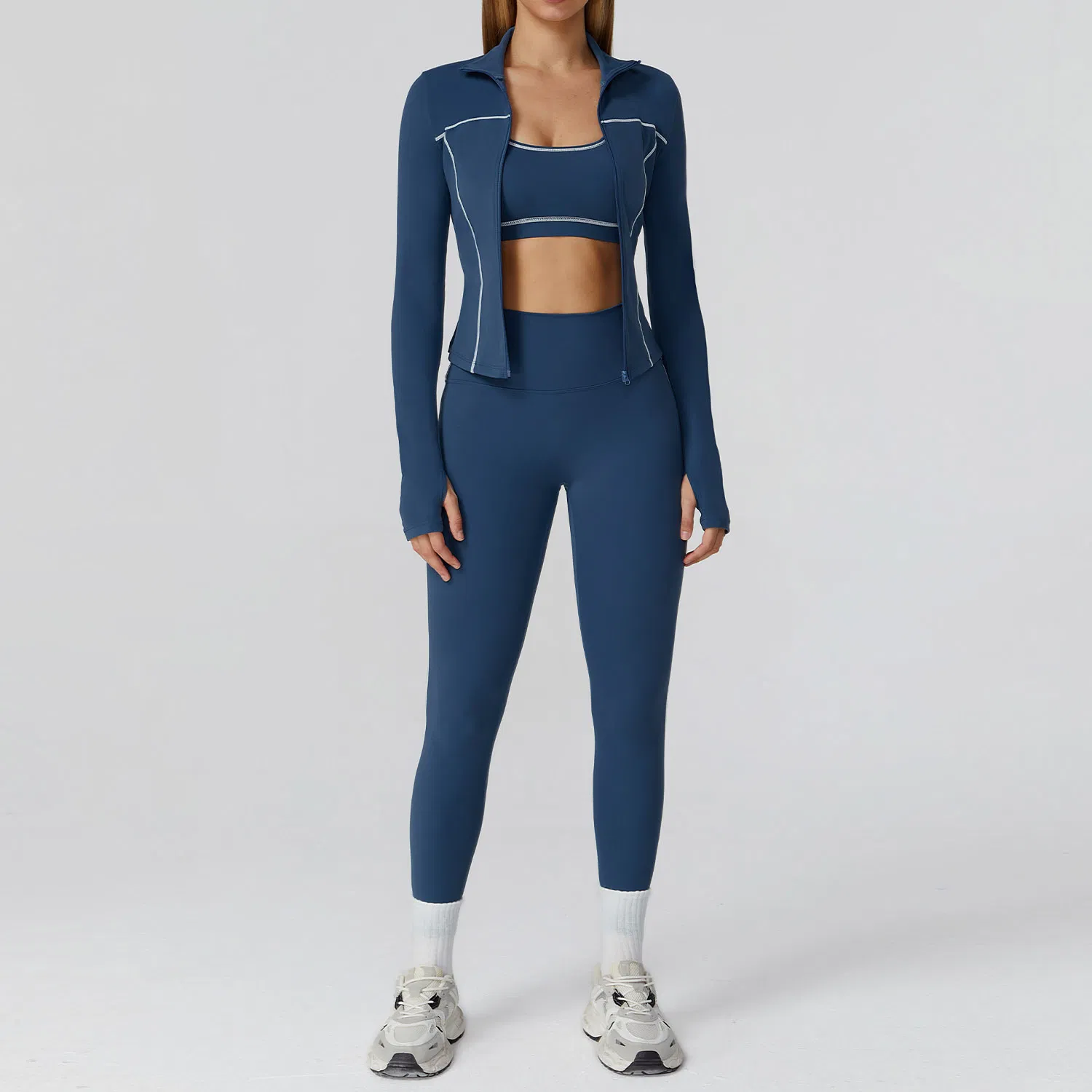 Ropa de gimnasio para mujeres 3 piezas con sujetador deportivo de espalda cruzada + chaqueta atlética + leggings de cintura alta para pilates y fitness