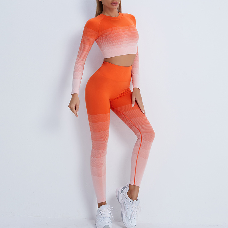 Conjunto de Yoga Sin Costuras para Mujeres; Parte Superior de Yoga de Manga Larga con Gradiente y Pantalones de Fitness que Levantan la Cadera, Conjunto de Dos Piezas de Ropa Deportiva