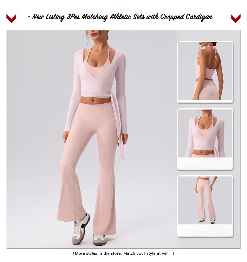 Ropa de Fitness y Pilates para Mujeres Más Vendida en Amazon 3PCS, Camisetas Deportivas de Manga Larga + Tops de Cami con Cordones y Sujetador + Pantalones de Yoga Acampanados